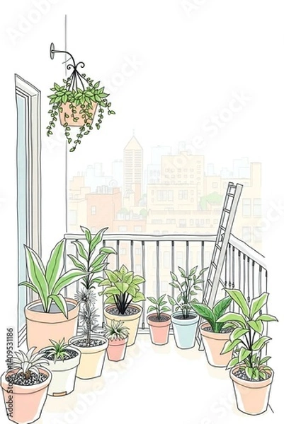 Obraz A gentle and soothing hand-drawn sketch in color sketchnote style depicting an ethereal urban balcony garden oasis in soft pastel colors