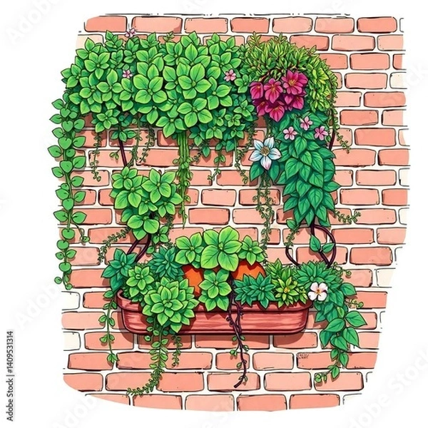 Obraz Adorable and cute hand-drawn sketch in color sketchnote style of a vertical garden on a weathered brick wall