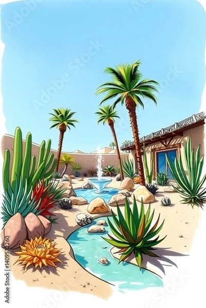 Obraz Dynamic motion, vibrant complementary colors. Hand-drawn sketch in color sketchnote style desert oasis garden with succulents, palm trees