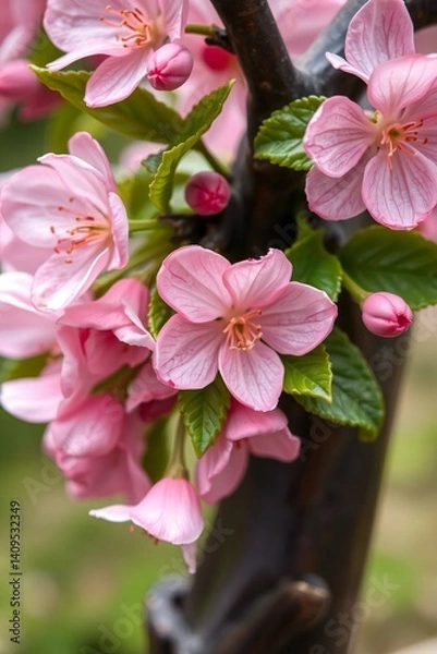 Obraz close-up of a cast bronze garden sculpture featuring cherry blossoms