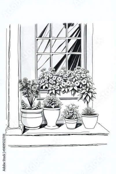 Obraz Hand-drawn sketch, intense jet black, charming container garden on quaint porch, assorted flowering plants in decorative pots, soft sunlight