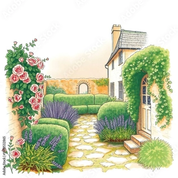 Obraz Hand-drawn sketch, color sketchnote style, idyllic English cottage garden climbing roses