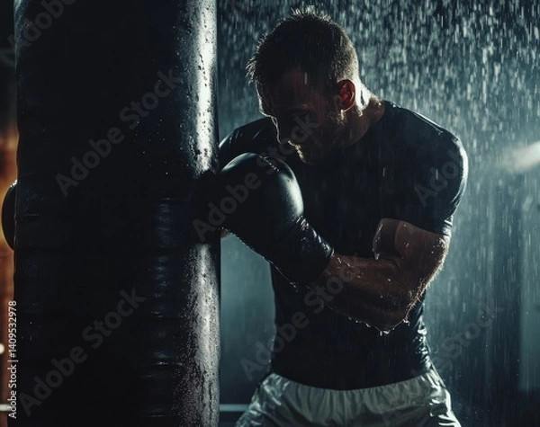 Fototapeta A man punches a punching bag in a dimly lit gym. Drops of water cover his skin and sweat drips from his face. He wears a black T-shirt and white shorts, and his expression is determined.