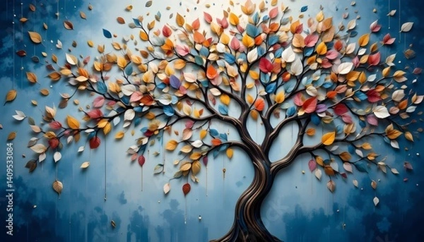 Obraz Colorful Tree with Hanging Branches and Multicolor Leaves for 3D Abstract Wallpaper and Interior Mural Decor