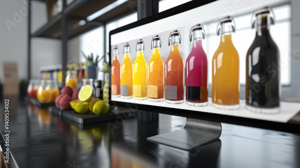Fototapeta Colorful Juice Bottles Displayed on Monitor in Modern Kitchen – Digital Beverage Branding Concept