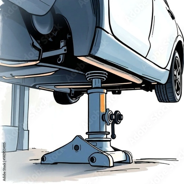 Obraz Soft pastel colors and high contrast low-key lighting characterize a hand-drawn sketch of a 3D hydraulic jack lifting a car in color sketchnote style