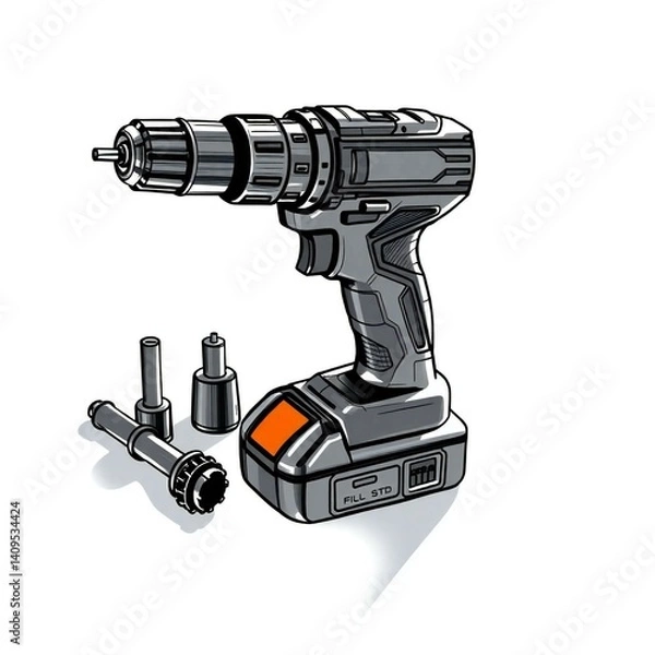 Obraz  Strong hard light, intense jet black hand-drawn sketch of a cordless drill and attachments on a sleek surface