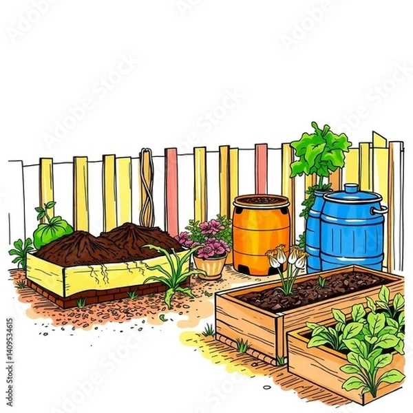 Obraz Vibrant complementary colors create a graceful and elegant hand-drawn sketch of a sustainable garden featuring compost piles, rain barrels, and raised beds, in a balanced color sketchnote style