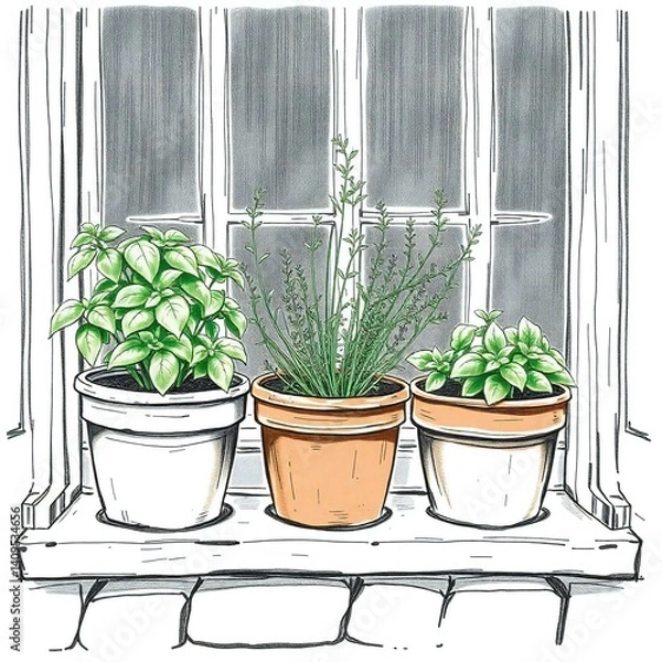 Obraz Tight close-up, hand-drawn sketch in color sketchnote style. A surreal herb garden scene of potted basil