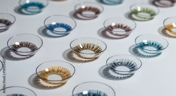 Fototapeta Display of Multiple Colored Contact Lenses Arranged on a White Surface