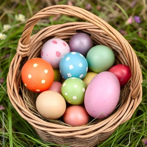 Fototapeta A basket full of colorful Easter eggs. Easter time photo. Background photo