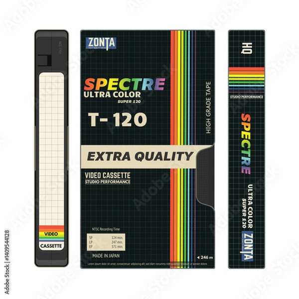 Fototapeta Retro style video cassettes front view with label and black cover, cover side view. Empty labels with lines for text. Magnetic cassette label fantasy 90s cover design. Vector illustration.