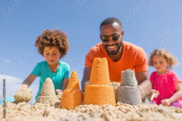 Obraz Family builds sandcastles on sunny beach day in summer