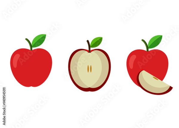 Fototapeta Apple bundle, set of whole fruit and cut in pieces, isolated on a white background.