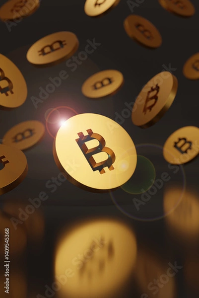 Fototapeta Shiny golden Bitcoin coins falling. 3D illustration.