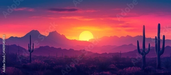 Obraz Desert sunset cacti mountainscape