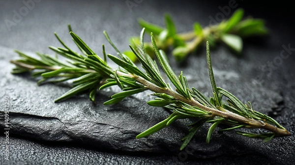 Fototapeta Fresh rosemary sprig on slate in elegant setup
