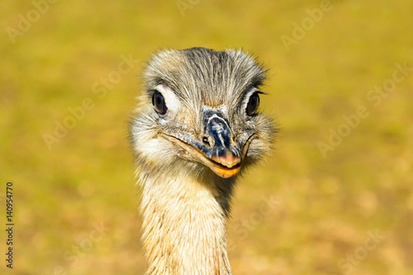 Obraz Portrait of emu. The ostrich is looking into the lens. Rhea americana. Detailed photo ostrich head. Large orange eye. Mini Zoo in Castolovice.