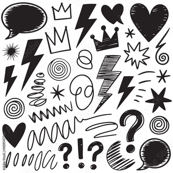 Obraz Crayon Charcoal Doodle Vector Set, Hand-Drawn Sketch Elements: Speech Bubbles, Hearts, Lightning Bolts, Stars, Arrows, Crowns & Scribbles