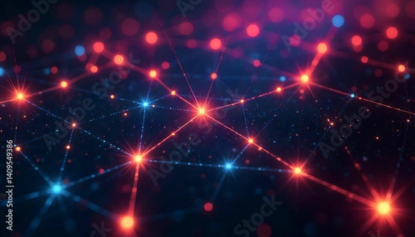 Fototapeta Abstract network of glowing nodes connected by lines in a dark blue and purple background