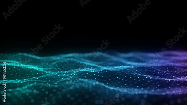 Fototapeta Color abstract wave background with dots and lines moving in space. Technology illustration. Futuristic modern dynamic wave. 3d rendering.