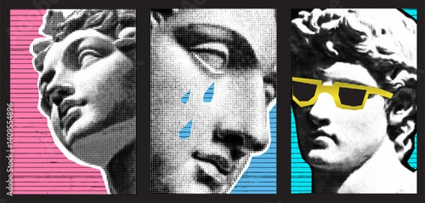 Obraz Modern Greek and Roman Art Collage with Statue Poster and Sunglasses Featuring Abstract Rave Design Elements and Futuristic Techno Patterns in a Vibrant Party ThemeWeb