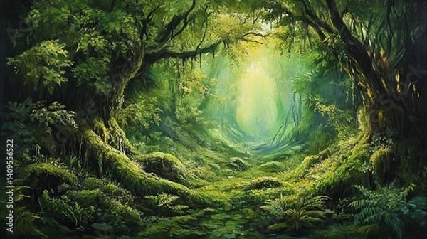 Obraz Lush green forest path sunlight magical mystery deep woods nature scene art moss dark calm rich trees