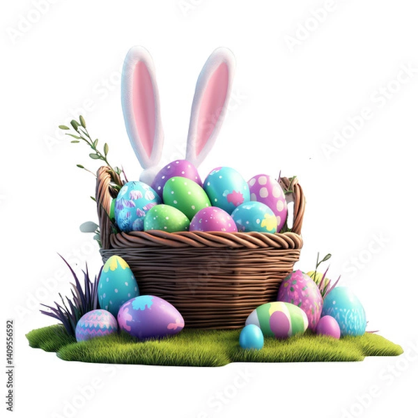 Fototapeta Easter bunny ears peeking out of wicker basket full of colorful decorated eggs on grassy patch isolated on white background spring holiday celebration festive decoration symbol of new life