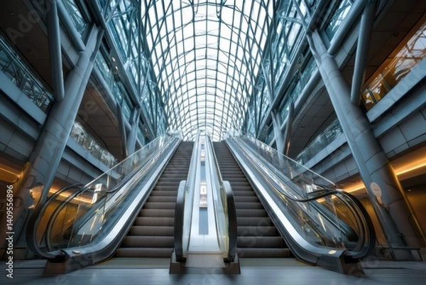 Fototapeta Symmetrical Escalators in Modern Glass Dome with Geometric Design and Natural Light.