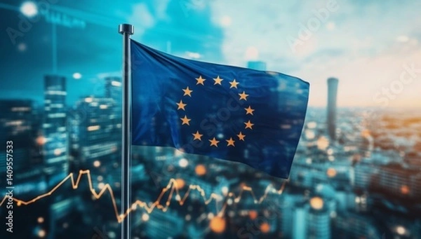 Obraz A vibrant European flag billows in the wind as a city skyline serves as a backdrop, complemented by stock charts indicating economic activity and growth in the European market