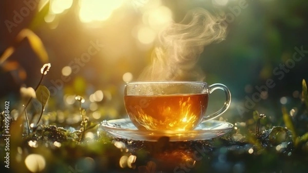 Fototapeta A steaming cup of tea nestled in a lush, sunlit garden, creating a serene moment.