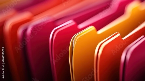 Fototapeta Vibrant color gradient of organized hanging files in a row showcasing a spectrum of red orange and pink hues.