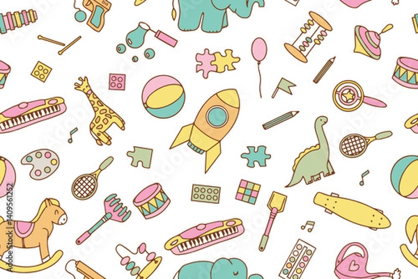 Fototapeta Seamless pattern with children's toys in doodle style on white background. Design for wrapping paper, textile, children's clothes, wallpaper, packaging. Vector hand drawn illustration
