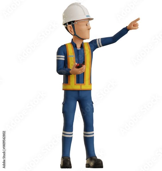 Fototapeta Isolate industrial worker point at high