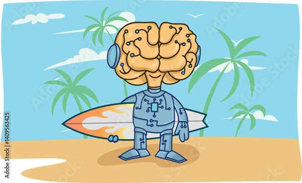 Fototapeta Ai robot with surfboard on summer background .cartoon illustration