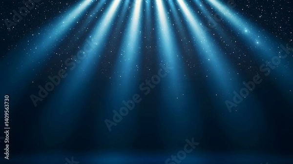 Fototapeta The image shows multiple beams of bright blue light emanating from the top of the frame, converging towards the bottom, against a dark blue background speckled with small white particles that resembl