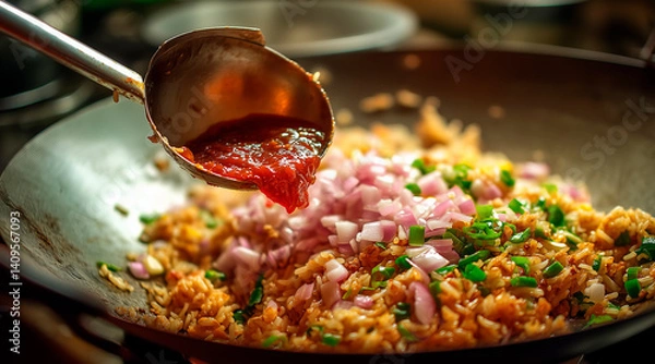 Obraz A Chinese wok, which is fried rice, ladle a big scoop of red onion sauce is about to put into the fried rice.Top vertical view