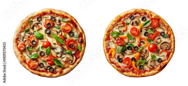 Fototapeta Two vegetarian pizzas isolated on white background Italian food pizzas with tomatoes mushrooms mozzarella cheese olives and basil leaves top view fast food pizzas with various toppings restaurant