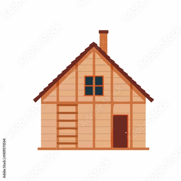Obraz Wooden House with Gable Roof and Chimney. Vector Image