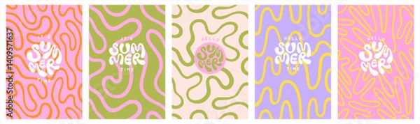 Fototapeta Deformed fluid uneven organic lines vector funky groovy maze backgrounds set. Hello summer hand lettering. Hippie doodle patterns collection. Uneven hand drawn wavy twisted liquid curved lines waves.