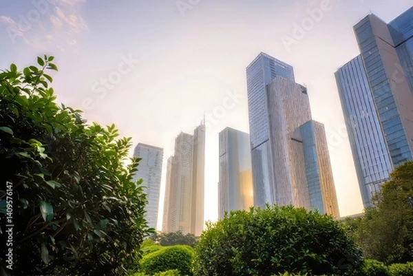 Obraz Skycrapers rise above lush green park

