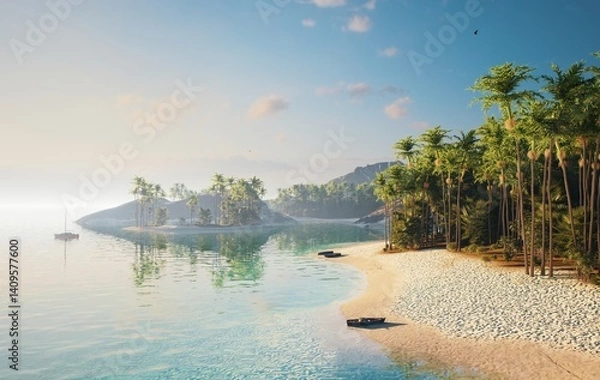 Fototapeta A Serene Tropical Landscape featuring Clear Waters and Lush Vegetation all around it