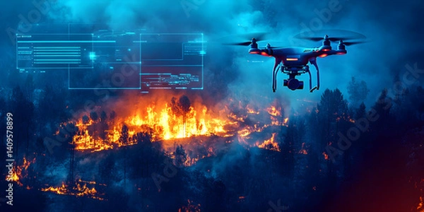 Fototapeta Drone monitoring wildfire with digital data overlay