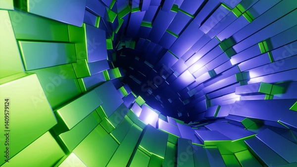 Fototapeta 3D render, abstract blue and green geometric background of a fantastic tunnel made of many metal panels. Virtual funnel