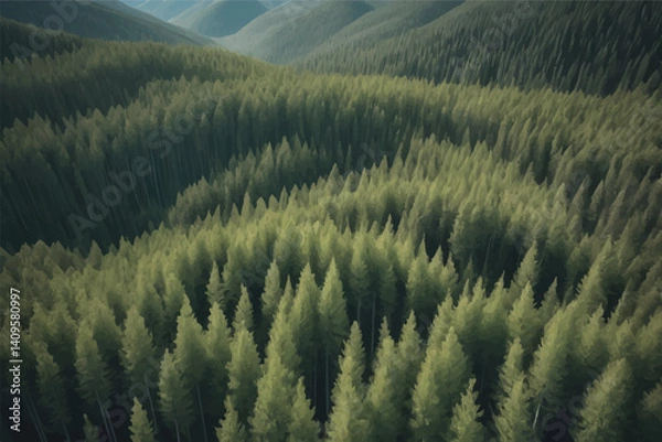 Fototapeta Green pine forest in mountain summer with a view from above.Spring birch groves with beautiful texture.