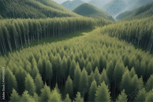 Fototapeta Green pine forest in mountain summer with a view from above.Spring birch groves with beautiful texture.