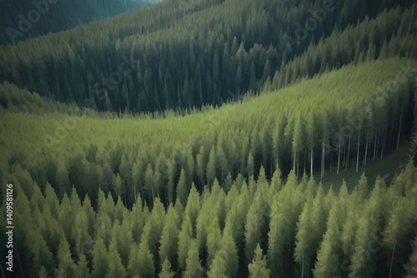 Fototapeta Green pine forest in mountain summer with a view from above.Spring birch groves with beautiful texture.