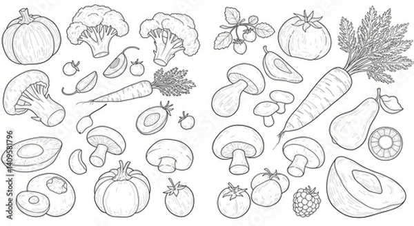 Fototapeta Black And White Vegetable Line Art Illustration On White Background