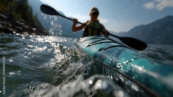 Obraz Candid photograph of a person kayaking, action shot, with clear water and mountains in the background, energetic composition, with bright daylight lighting