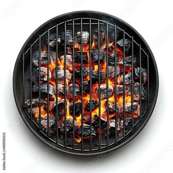 Fototapeta A round grill with burning coals, top view, on a white background